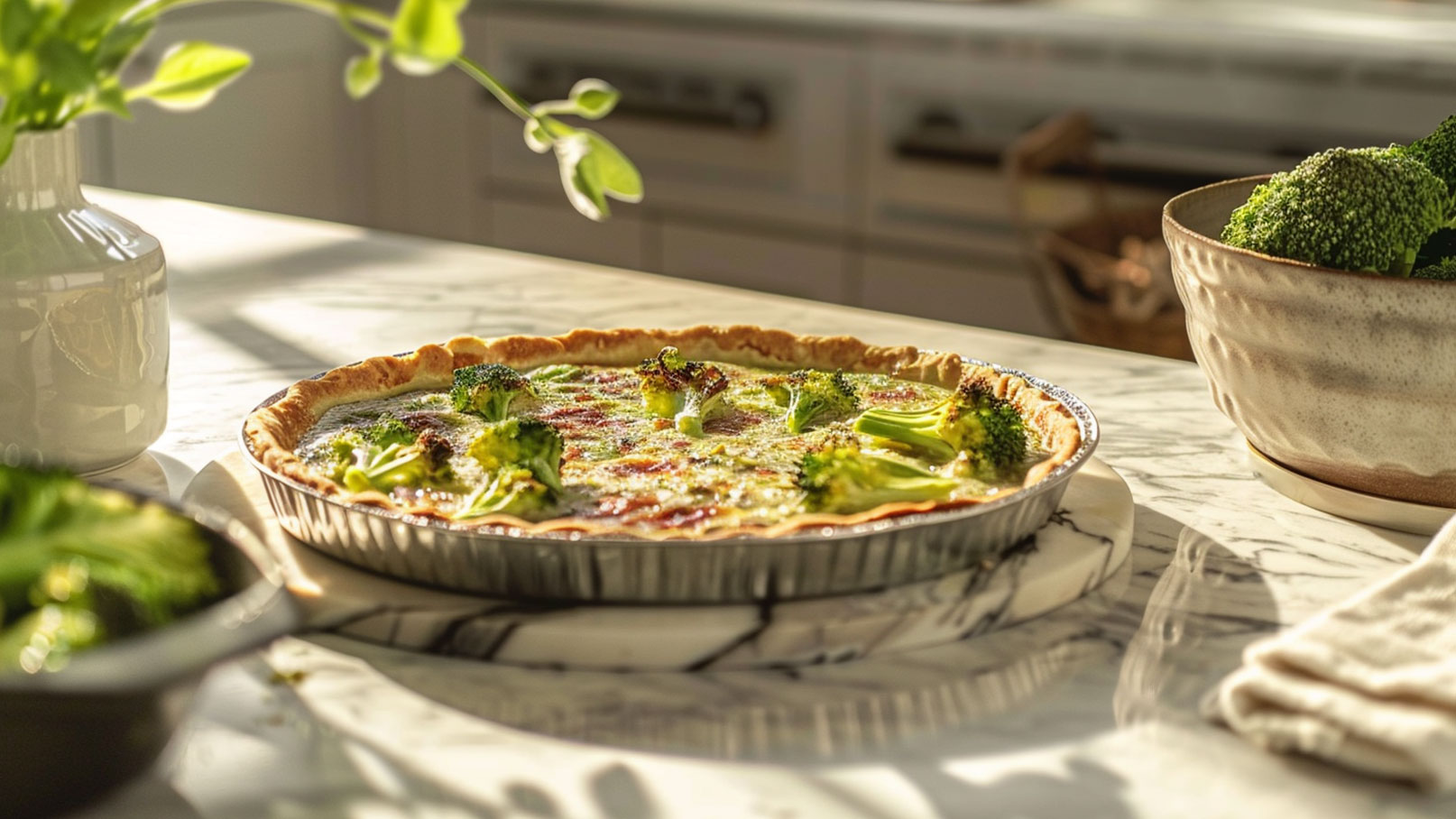 Das Bild zeigt eine frisch gebackene Quiche mit Brokkoli. Sie ist auf einem marmorierten Tisch platziert, umgeben von einer Schüssel mit frischem Brokkoli und einer Pflanzenvase. Das Licht fällt sanft auf die Quiche, die eine goldene Kruste und einen cremigen Belag hat.