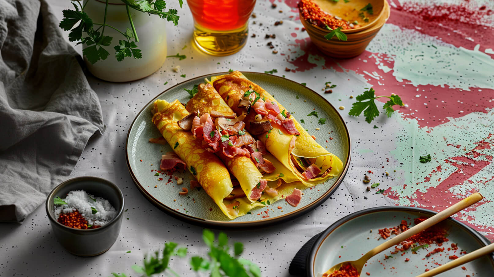 Auf dem Teller liegen drei gefüllte Crêpes, garniert mit Speck und Kräutern. Daneben befindet sich eine Schüssel mit Salz und Gewürzen. Im Hintergrund sind ein Glas Getränk und eine flache Schale zu sehen. Der Tisch hat eine bunte, fleckige Unterlage.
