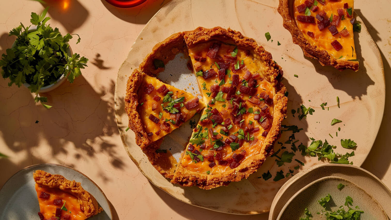 Ein frisch gebackener Quiche mit einem goldbraunen Rand, belegt mit Käse und kleinen Stückchen Speck, liegt auf einem Teller. Ein Stück wurde herausgeschnitten und auf einem Nebenteller serviert. Frische Kräuter dekorieren die Präsentation.