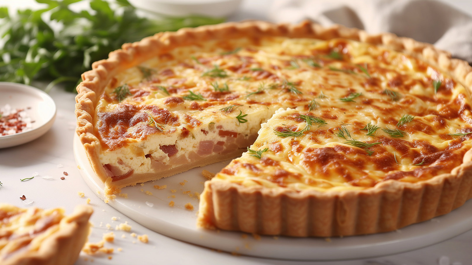 Auf dem Bild ist eine weiße Platte zu sehen, auf der ein frisch gebackener Käse-Speck Kuchen mit duftenden Kräutern liegt. Der Kuchen strahlt eine goldbraune Farbe aus und wirkt köstlich und ansprechend. Im Hintergrund sind frische Kräuter zu erkennen, die dem Gericht eine aromatische Note verleihen. Die Präsentation des Kuchens auf der weißen Platte und die frischen Kräuter im Hintergrund bilden eine attraktive und ansprechende Darbietung. 