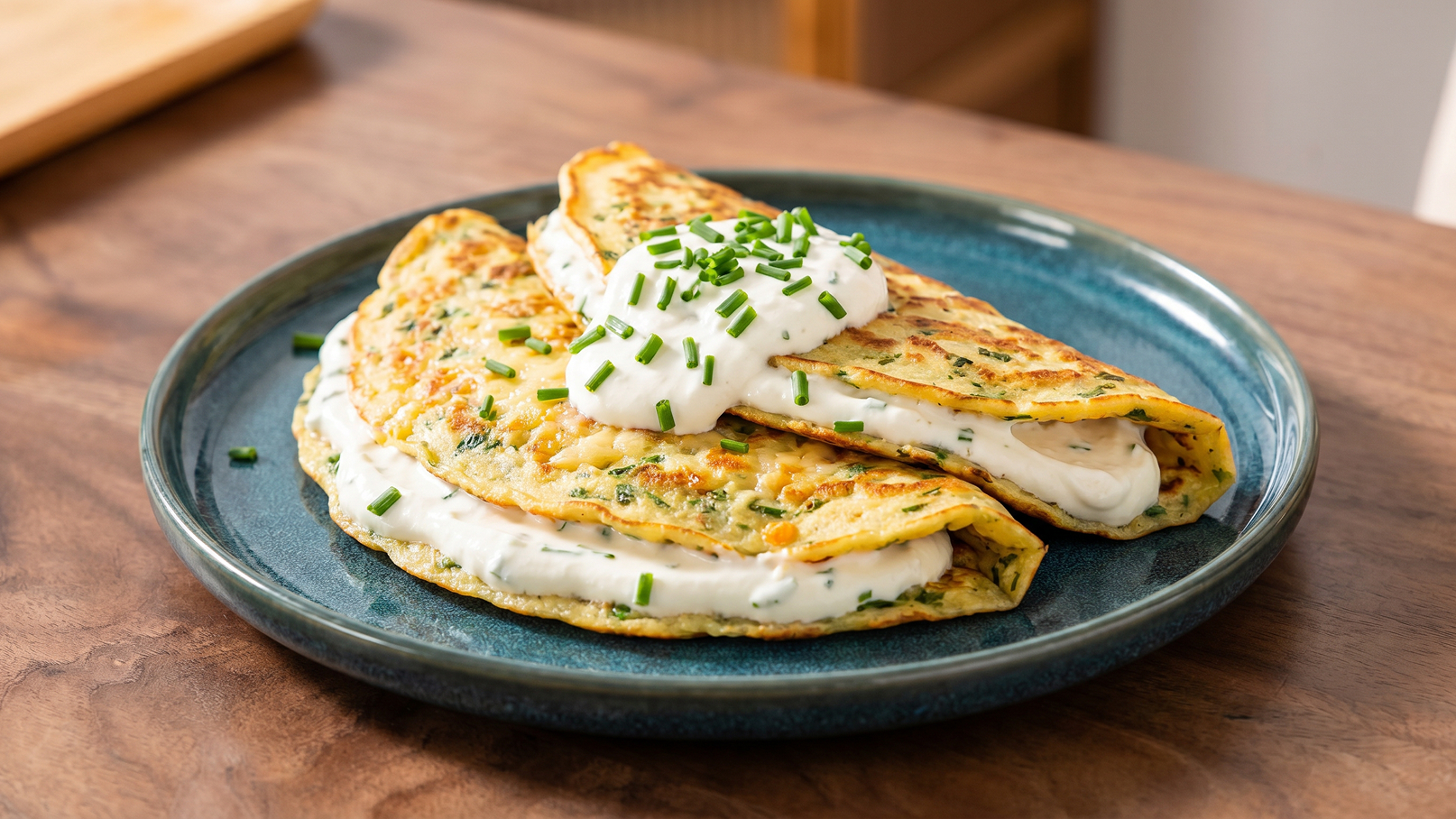 Auf einem blauen Teller liegen zwei gefaltete Omeletts, die mit einer cremigen Füllung versehen sind. Obenauf befindet sich ein Klecks Zwiebelcreme, garniert mit frischen Schnittlauchstücken. Der Hintergrund zeigt eine Holzoberfläche.