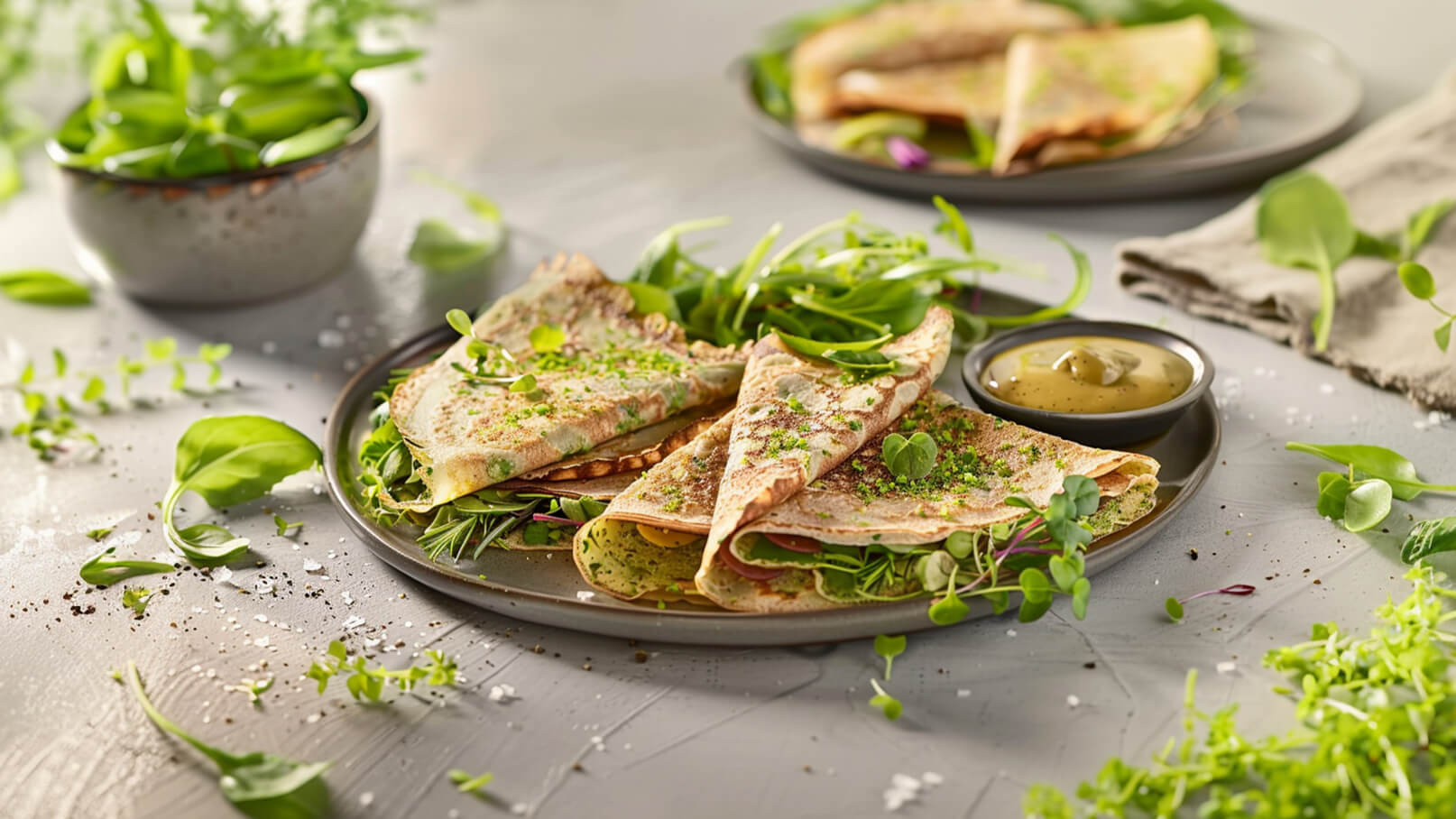 Auf einem Teller liegen gefaltete Crêpes, gefüllt mit frischen Kräutern und Salat. Daneben befindet sich eine kleine Schale mit einer cremigen Sauce. Im Hintergrund sind zusätzliche Salatblätter und Kräuter auf einem Tisch verteilt.