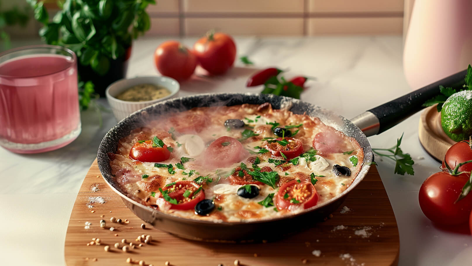 Eine frisch gebratene Pizza liegt in einer Pfanne. Sie ist belegt mit Tomaten, Oliven und frischer Petersilie. Dampf steigt auf, was auf die Wärme hindeutet. Im Hintergrund sind weitere Zutaten wie frische Tomaten und ein Glas Getränk zu sehen.