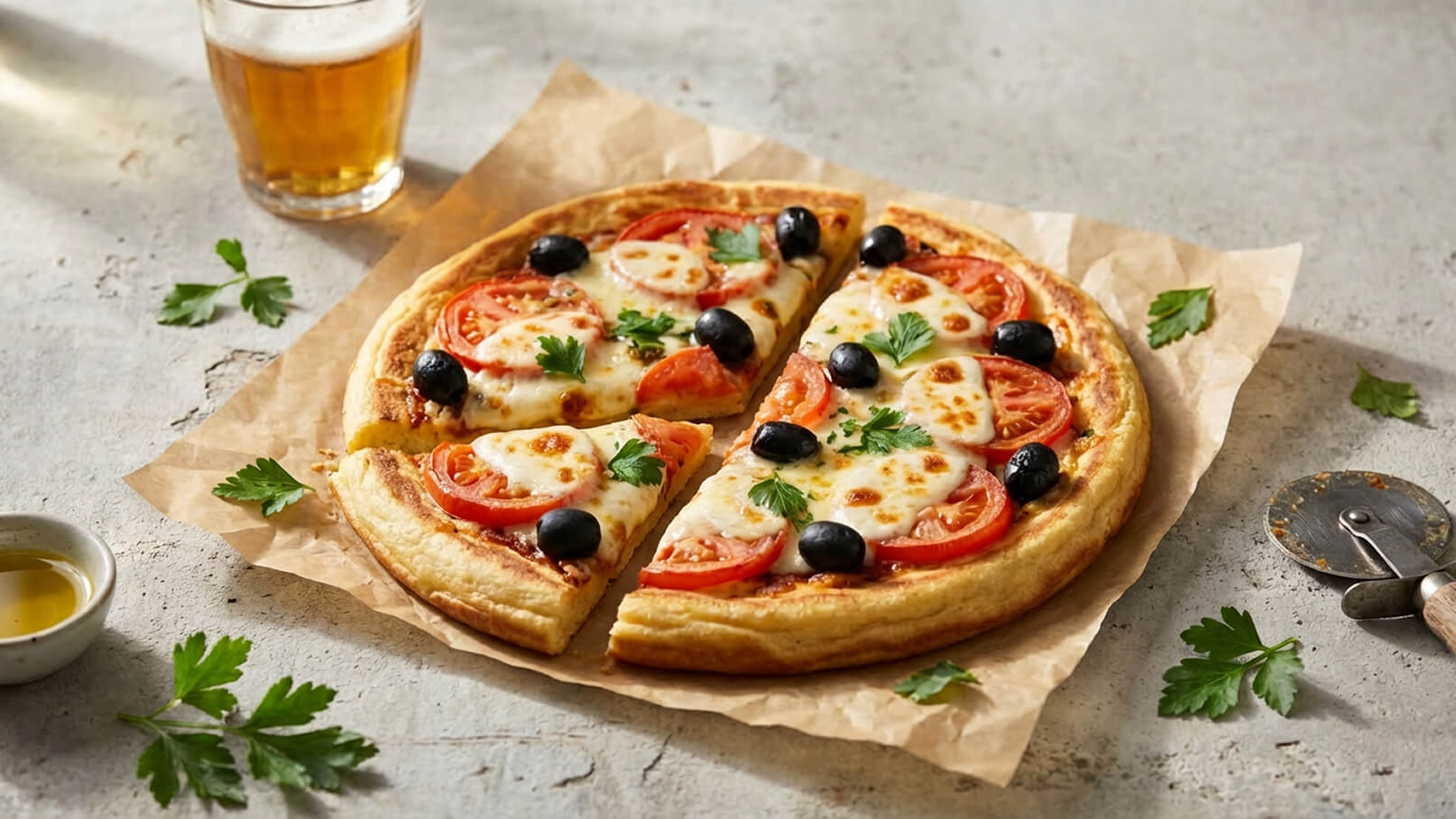 Eine frisch gebackene Pizza, belegt mit Mozzarella, Tomatenscheiben und Oliven, liegt auf braunem Papier. Ein Stück ist herausgeschnitten. Neben der Pizza stehen ein Glas Bier und ein kleines Schälchen mit Olivenöl. Frische Petersilie ist in der Nähe verstreut.