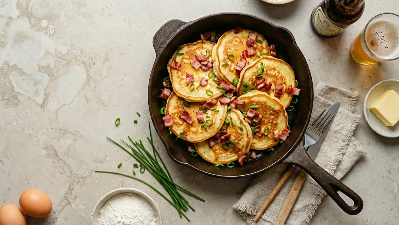 In einer gusseisernen Pfanne liegen mehrere goldbraune Pfannkuchen, die mit angebratenem Speck und Schnittlauch garniert sind. Daneben befinden sich rohe Eier, Mehl, frischer Schnittlauch und etwas Butter. Im Hintergrund steht ein Glas Bier.