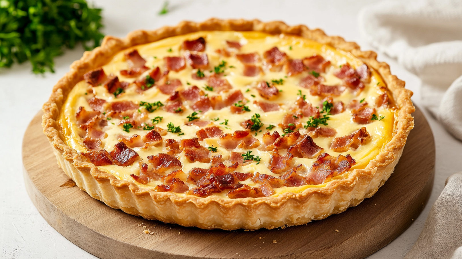 Auf dem rustikalen Holzbrett liegt ein herzhafter Speckkuchen, umgeben von frischen Kräutern und einem Ei im Hintergrund. Der natürliche Holzuntergrund unterstreicht das ländliche Ambiente und verleiht dem Bild einen rustikalen Charme. Der Speckkuchen strahlt Gemütlichkeit und köstlichen Genuss aus, während die frischen Zutaten die Frische und Qualität des Gerichts betonen. Ein Bild, das den rustikalen und herzhaften Geschmack des Speckkuchens perfekt einfängt.