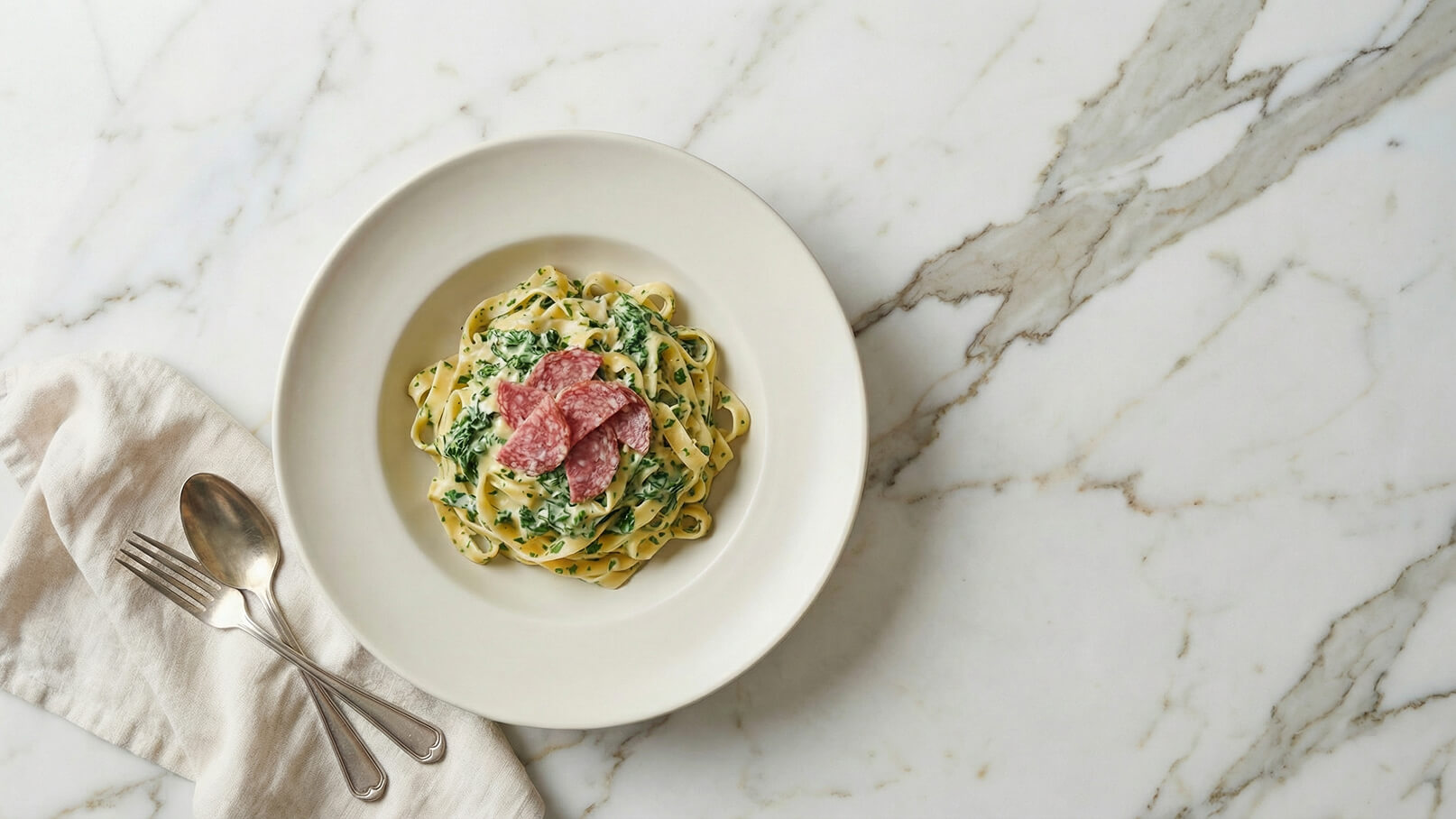 Ein weißer Teller mit einer Portion Bandnudeln in einer cremigen Spinatsoße, garniert mit Scheiben von Salami. Der Teller steht auf einer marmorierten Tischoberfläche, daneben liegt ein angeknülltes Geschirrtuch und Besteck mit einem Löffel und zwei Gabeln.