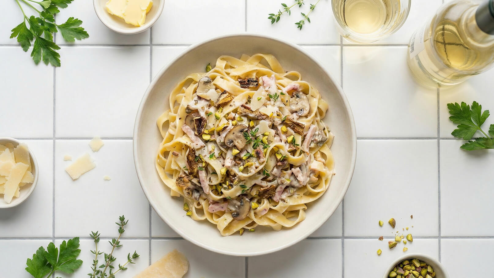 Ein Teller mit frischer Fettuccine, garniert mit Pilzen, getrockneten Tomaten und Pistazien, in einer cremigen Sauce. Neben dem Teller sind Kräuter und Parmesanstücke arrangiert, und im Hintergrund sind zwei Gläser Weißwein sichtbar.