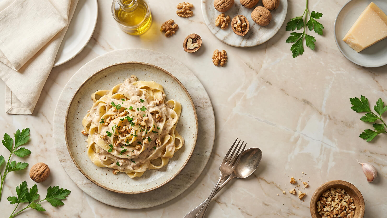 Ein Teller frischer Tagliatelle mit einer cremigen Sauce, garniert mit gehackten Walnüssen und frischer Petersilie. Daneben liegen eine Knoblauchzehe, Walnüsse und ein Olivenölbehälter auf einer Tischoberfläche aus Marmor.