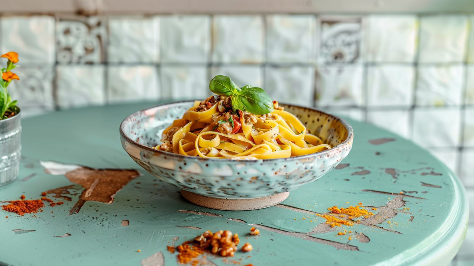 Das Bild zeigt eine schwarze Schüssel voller Penne mit cremiger Walnusssoße, bestreut mit Walnüssen und frischen Kräutern. Neben der Schüssel liegen weitere Walnüsse und Kräuter. Ein Appetit anregendes und ansprechendes Bild.