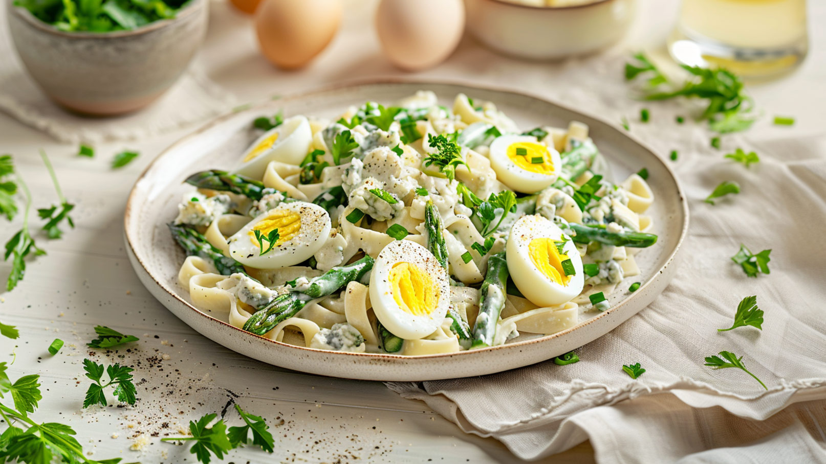 Auf dem Bild ist eine weiße Schüssel zu sehen, randvoll gefüllt mit köstlichen Bandnudeln, frischem grünen Spargel und roten Tomaten. Das Gericht ist großzügig mit einer Vielzahl frischer Kräuter bestreut, die dem Gericht Frische und Geschmack verleihen. Neben der Schüssel liegt eine glänzende Gabel bereit, um das Gericht zu kosten. Im Hintergrund steht eine Scheibe Parmesan, die darauf wartet, über die dampfenden Nudeln gehobelt zu werden.