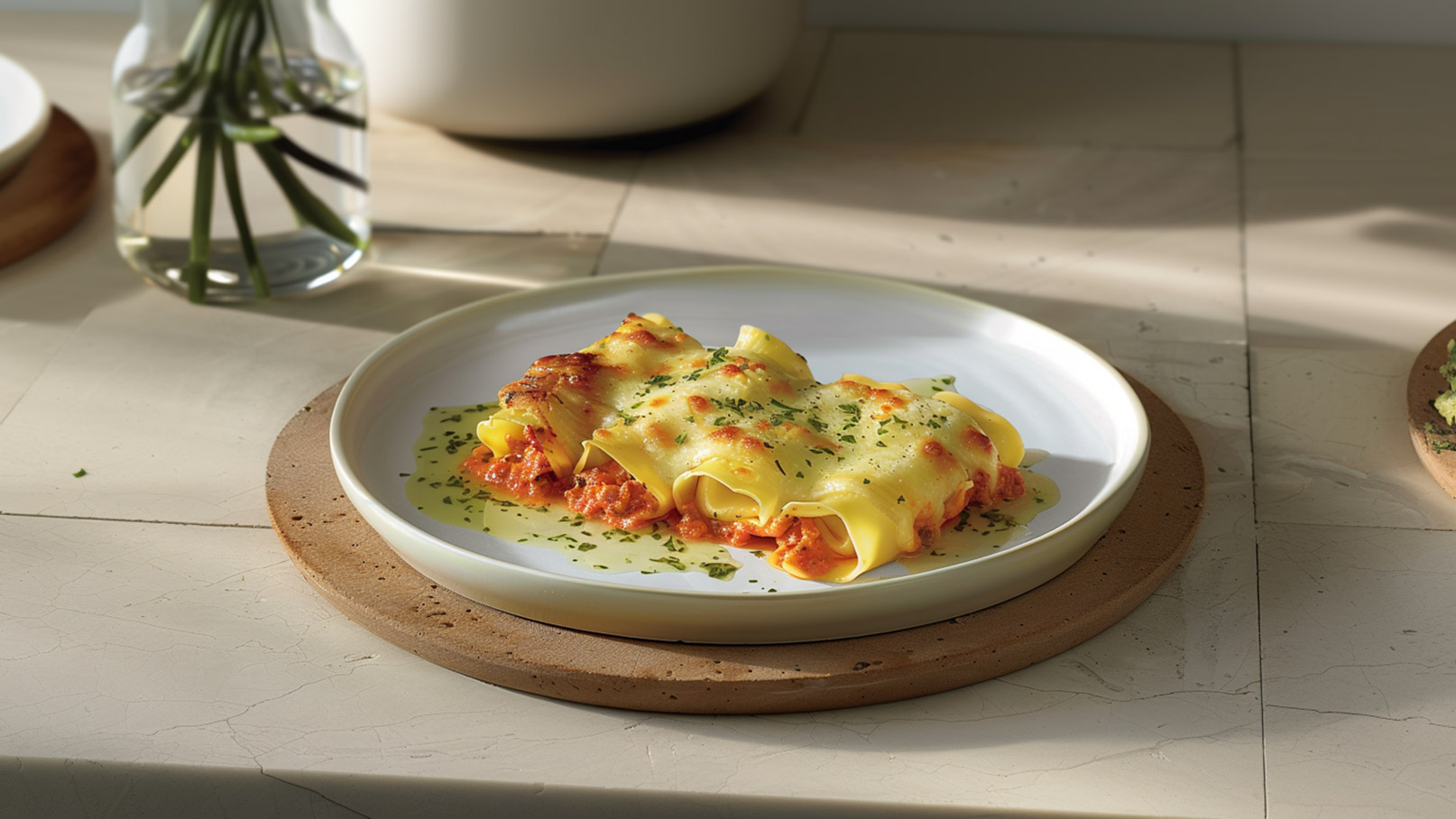 Ein Teller mit gefüllten Cannelloni in Tomatensauce, überbacken mit Käse und garniert mit frischen Kräutern. Die Cannelloni liegen auf einem weißen Teller, der auf einer runden Unterlage aus Holz platziert ist.