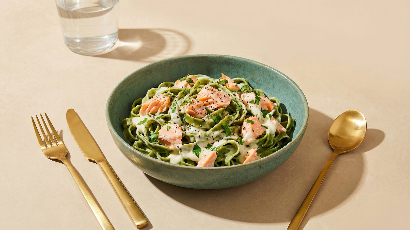 Ein grüner Pasta-Tagliatelle-Teller mit Stückchen von Lachs und einer cremigen Sauce. Das Gericht ist mit frischer Petersilie und schwarzem Pfeffer garniert. Neben dem Teller liegen ein goldener Esslöffel und eine Gabel auf einem hellen Tisch.