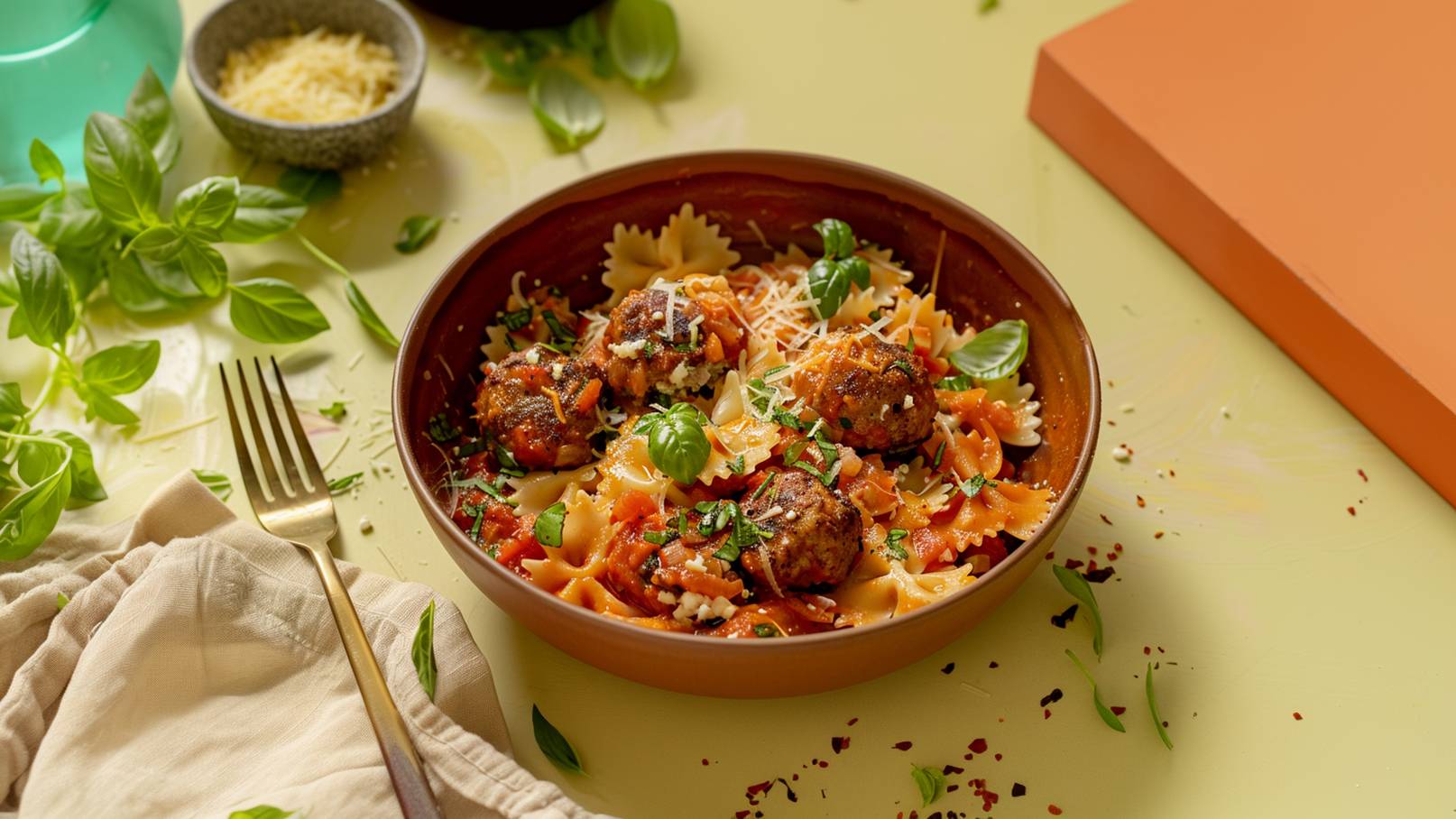 Eine braune Schüssel mit farbigen Farfalle-Nudeln, Tomatensauce und Fleischbällchen, garniert mit frischem Basilikum und geriebenem Käse. Daneben liegt eine Gabel und ein Stoffserviette. Grüne Basilikumblätter sind um die Schüssel verteilt.