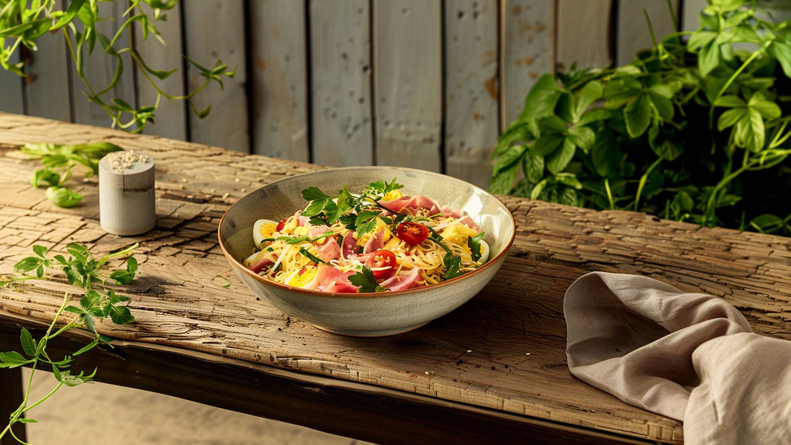 Ein Teller Pasta mit verschiedenen Zutaten, darunter Eier, Schinken und Kirschtomaten, ist auf einem rustikalen Holztisch platziert. Frische Kräuter sind dekorativ über das Essen verteilt. Im Hintergrund sind Pflanzen sichtbar, die eine grüne und lebendige Atmosphäre schaffen.