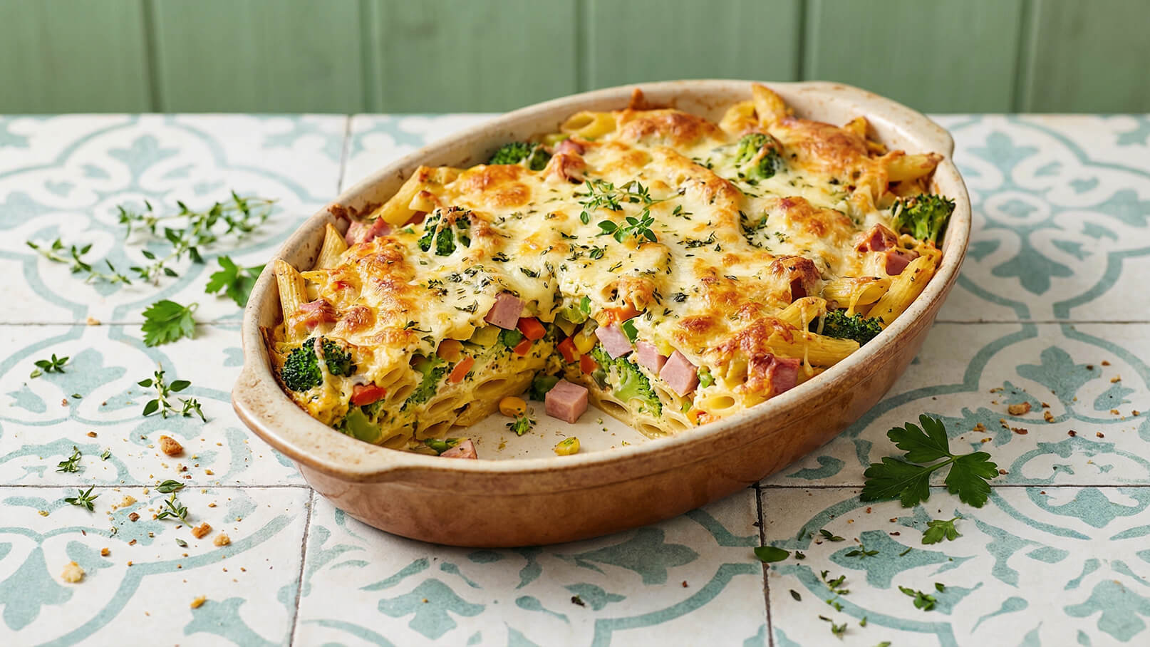 Ein überbackenes Nudelgericht in einer Auflaufform, gefüllt mit Pasta, Brokkoli, Karotten und Schinken, ist mit geschmolzenem Käse und frischen Kräutern garniert. Der Auflauf ist goldbraun und appetitlich angerichtet, auf einem dekorativen, hellen Untergrund.