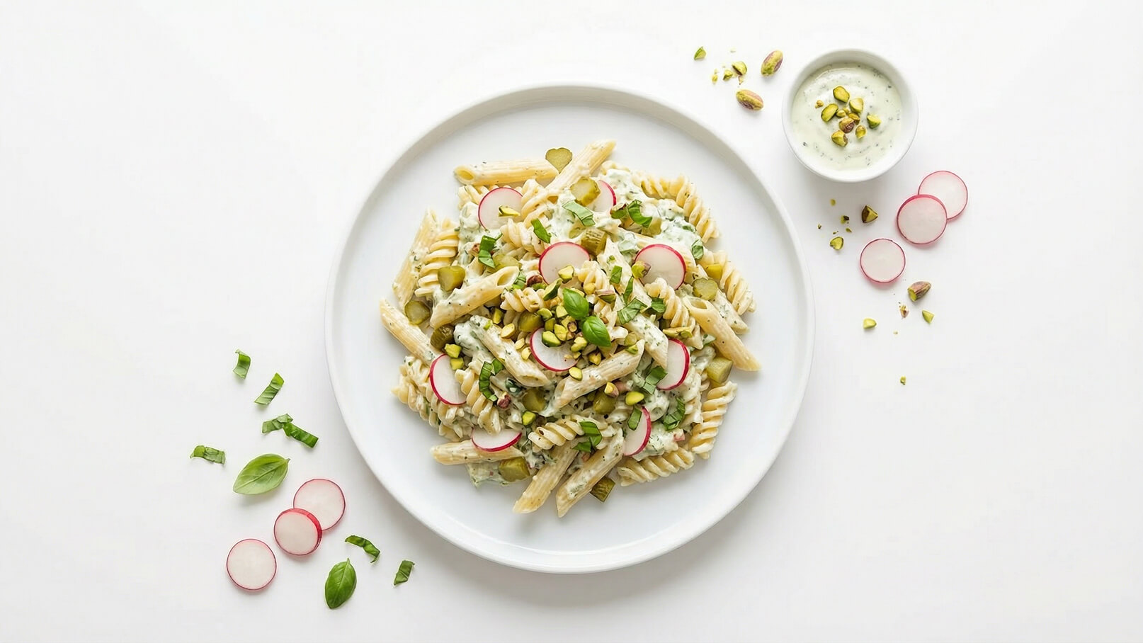 Ein Teller mit Pasta, garniert mit Radieschen, Pistazien und frischen Kräutern. Die Nudeln sind in einer cremigen Sauce. Daneben befindet sich eine kleine Schüssel mit einer weißen Soße, ebenfalls mit Pistazien. Die Präsentation erfolgt auf einem weißen Hintergrund.