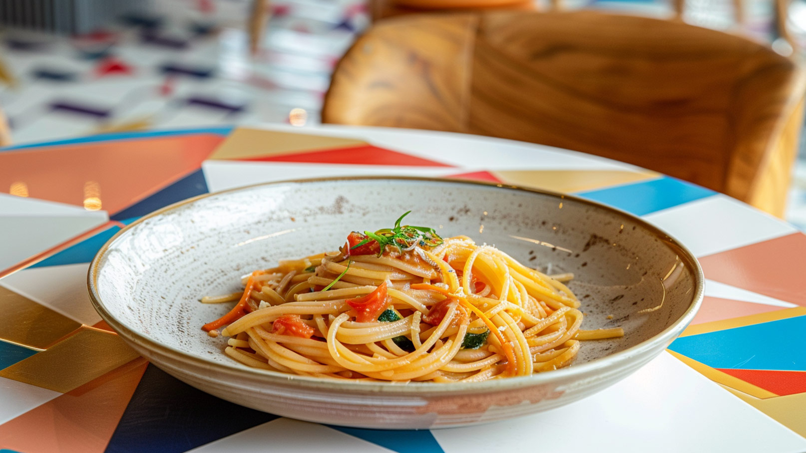Stell dir eine ansprechende rosa Schüssel vor, prall gefüllt mit bunten Möhren-Zucchini-Nudeln. Die leuchtenden Farben strahlen Frische aus, während die spiralförmigen Gemüsestreifen appetitlich wirken. Das Gericht ist mit frischer grüner Petersilie garniert, die einen schönen Kontrast zur Schüssel und den Nudeln bildet. Diese Anordnung vermittelt eine einladende, gesunde Atmosphäre und weckt die Lust auf einen leichten, nahrhaften Snack.