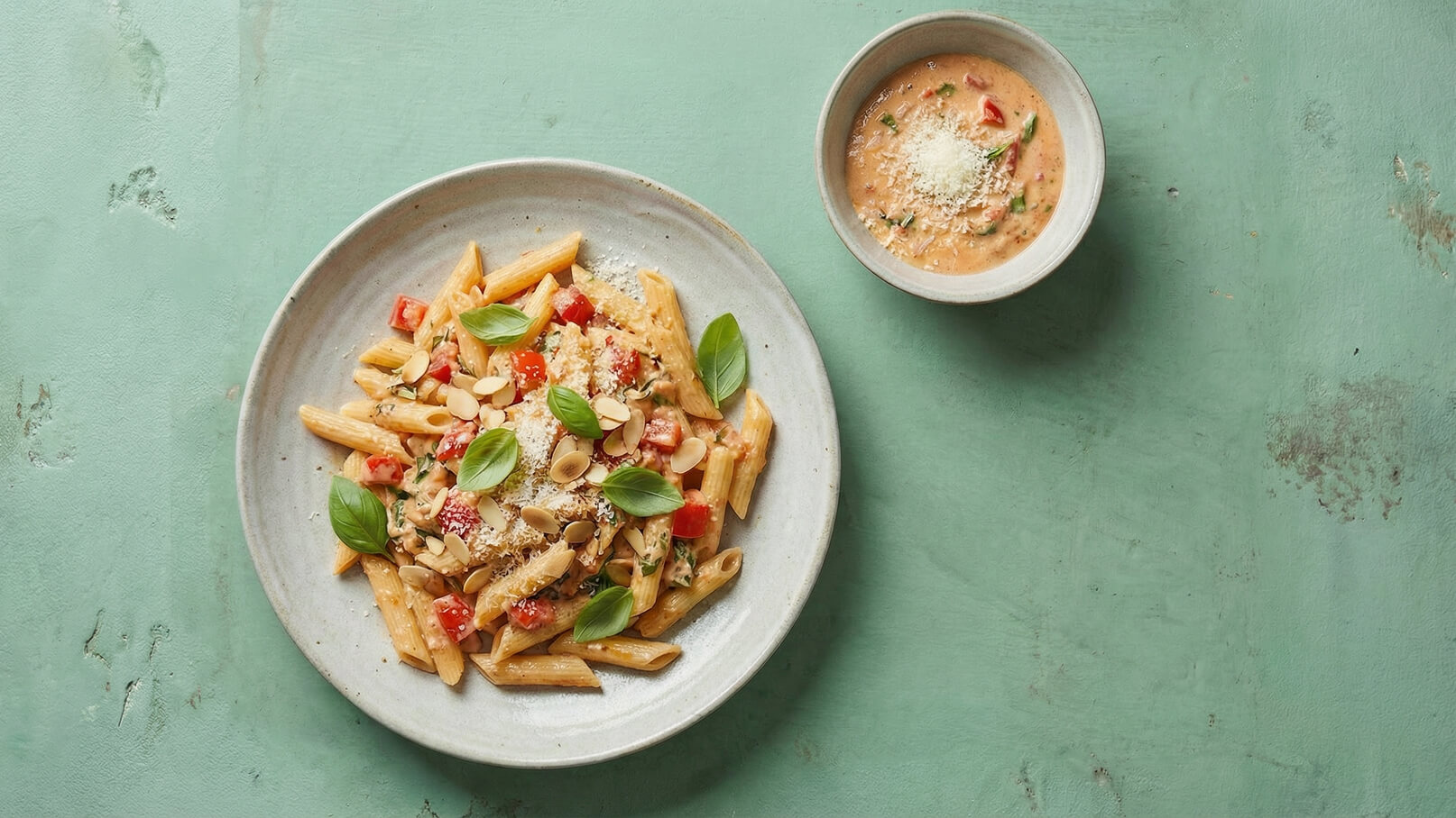 Ein Teller mit Penne-Pasta, garniert mit frischen Basilikumblättern, Tomatenwürfeln und gehobelten Mandeln. Nebenan steht eine kleine Schüssel mit cremiger Suppe, die mit Parmesan bestreut ist. Der Hintergrund hat eine mintgrüne Farbgebung.