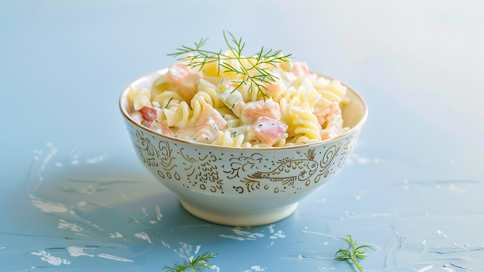 Das Bild zeigt eine schwarze Pfanne, gefüllt mit einem frischen Nudelsalat, der mit geräucherter Forelle zubereitet ist. Über dem Salat liegt elegantes Besteck. Die Pfanne steht auf einem braunen Tuch, was der Komposition eine warme, einladende Atmosphäre verleiht.