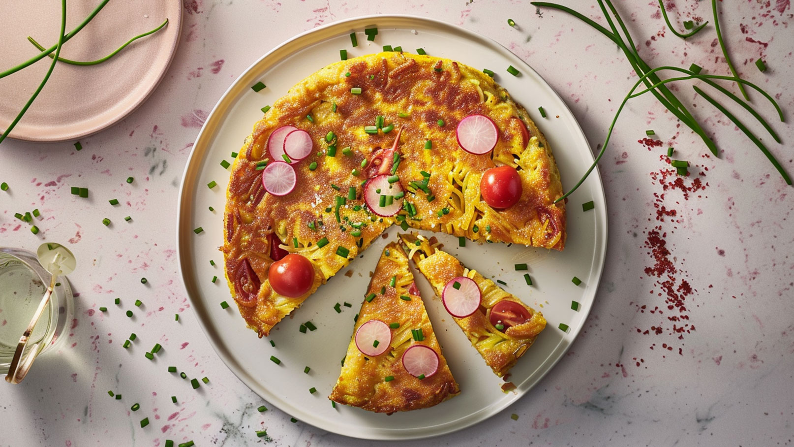 Eine runde Tortilla mit Spaghetti, garniert mit Radieschen, Kirschtomaten und frischem Schnittlauch. Ein Stück ist aus der Tortilla geschnitten und auf dem Teller platziert. Der Hintergrund ist mit Schnittlauch und etwas Paprikapulver dekoriert.