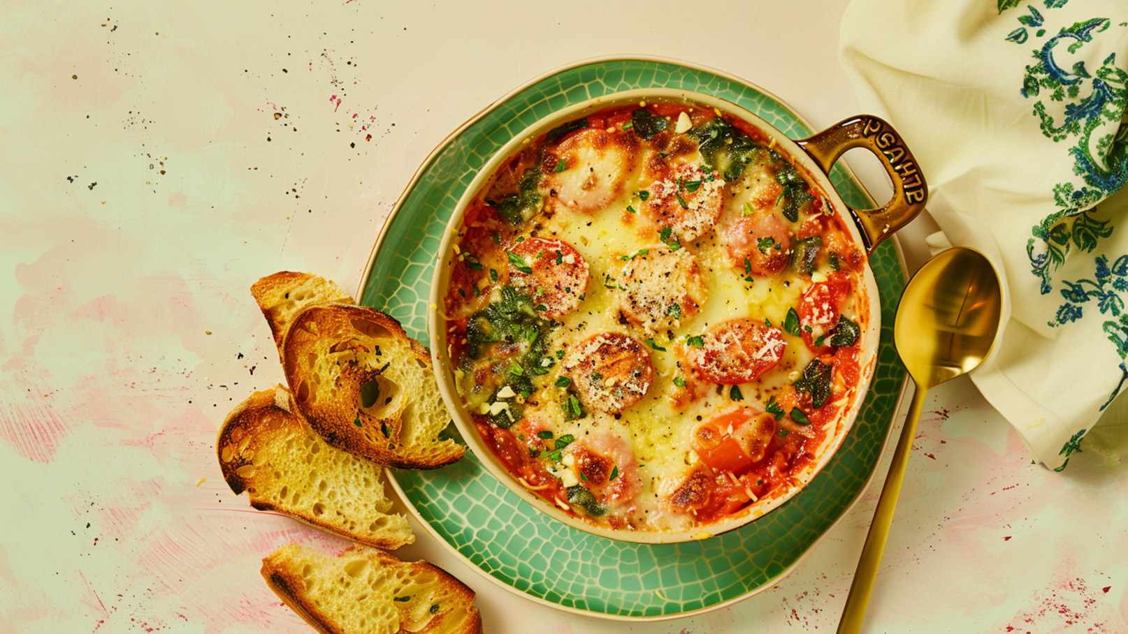Eine goldene Schüssel mit einer köstlichen Auflauf-Mischung aus geschmolzenem Käse, Tomaten, Spinat und Gewürzen steht auf einem grünen Teller. Neben der Schüssel liegen mehrere geröstete Brotscheiben, die zum Essen einladen.