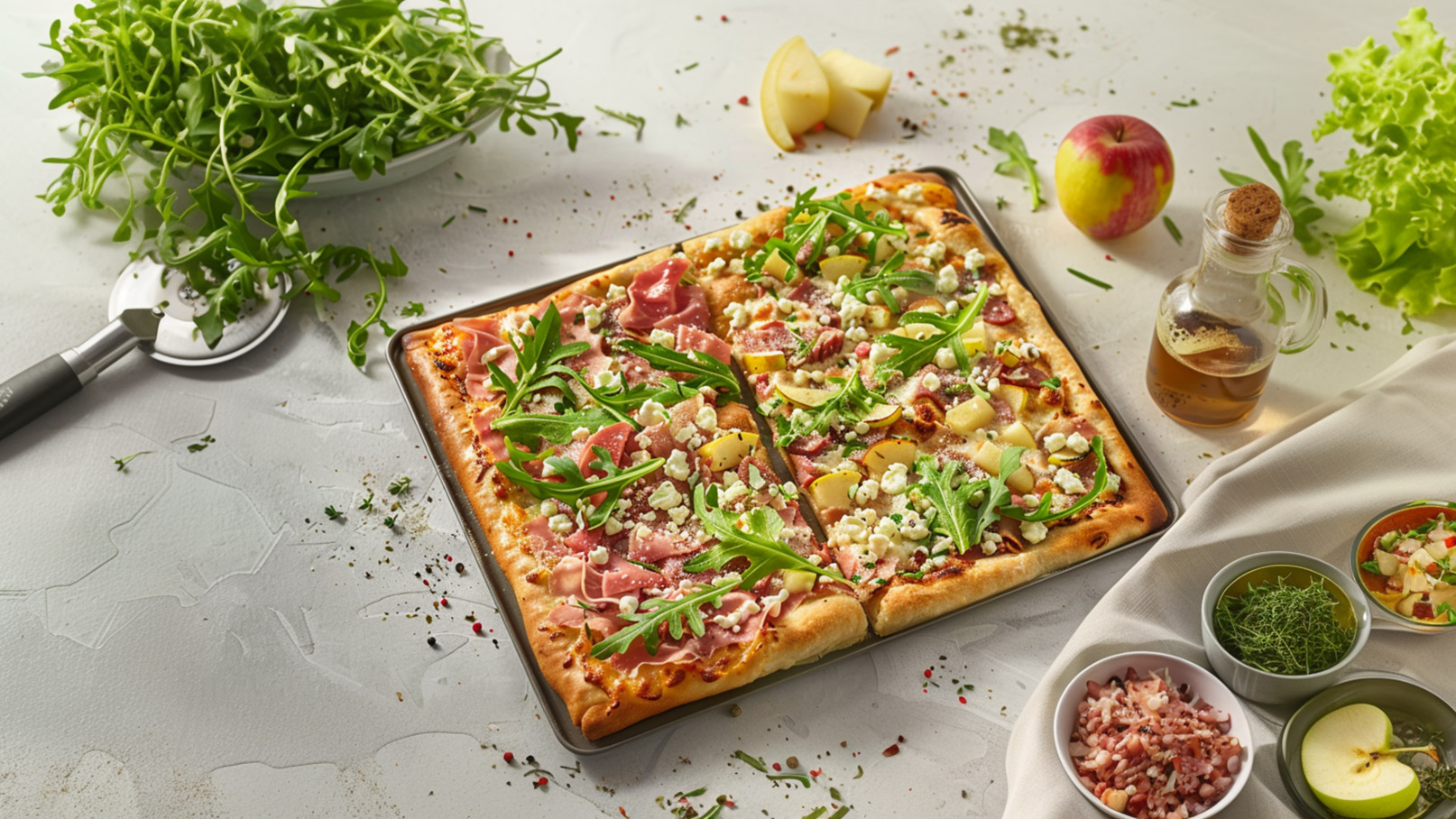 Ein Blechpizza mit zwei verschiedenen Belägen. Eine Seite ist mit Schinken, Rucola und Bröseln belegt, die andere mit Äpfeln, Käse und Rucola. Daneben stehen Schüsseln mit Gewürzen und ein Apfel, während ein kleiner Kanne Öl sichtbar ist.