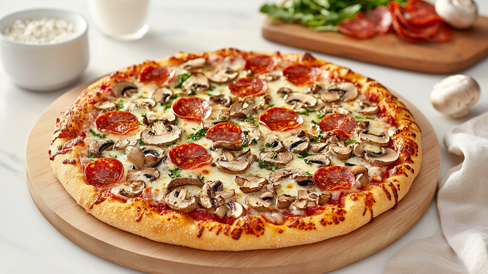 Das Bild zeigt eine schwarze Steinplatte mit einer frisch zubereiteten Salami-Champignon-Pizza. Die goldbraune, knusprige Kruste ist perfekt belegt mit saftigen Salami-Scheiben und zarten Champignon-Stücken. Die geschmolzene Käse-Schicht glänzt appetitlich und sorgt für einen einladenden Anblick.