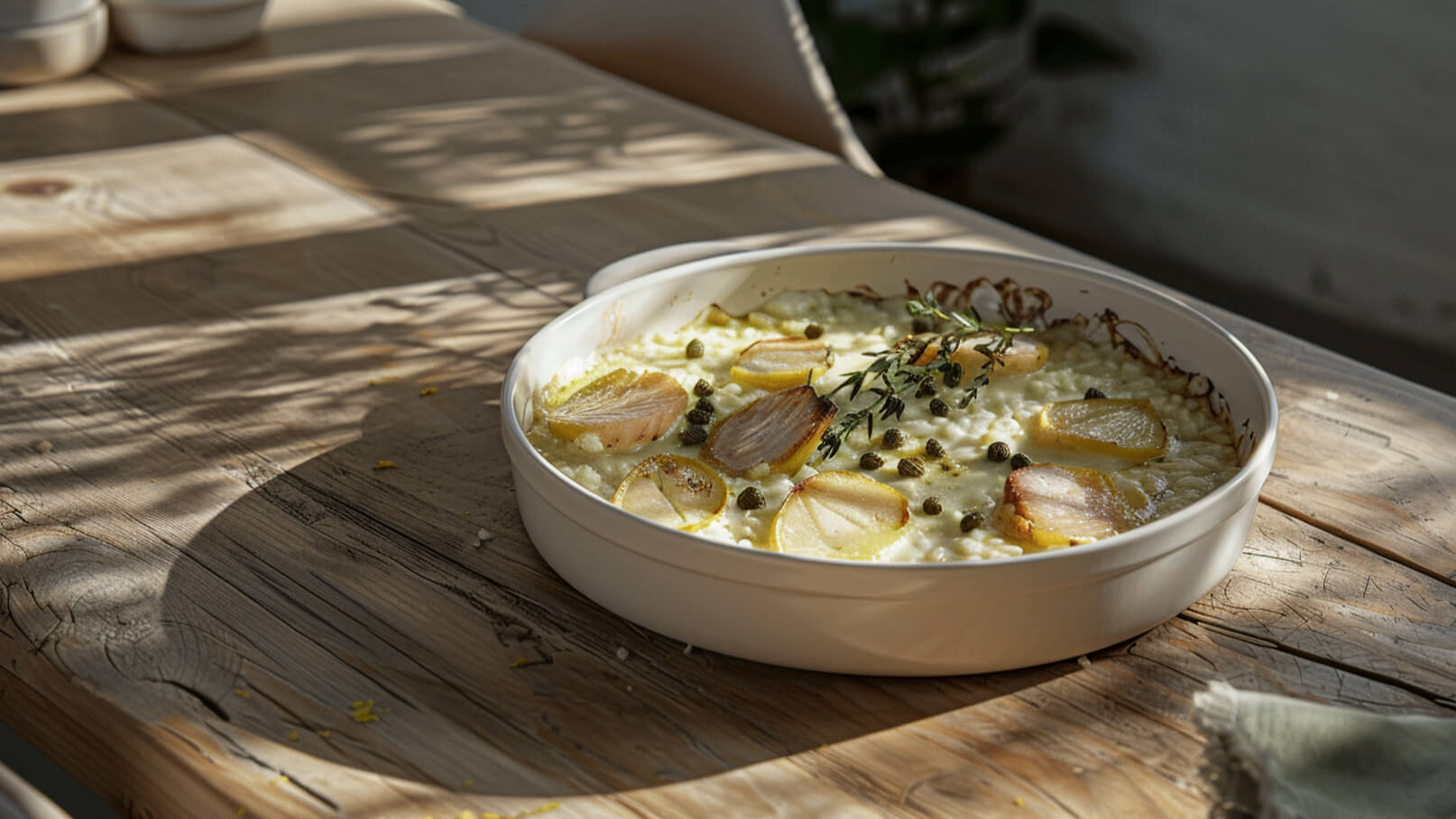 Ein weißes Gefäß enthält ein cremiges Gericht, das mit gebratenen Zitronenscheiben, Kapern und frischen Thymianzweigen garniert ist. Die Speise steht auf einem Holztisch, der von sanften Schatten durchzogen wird.