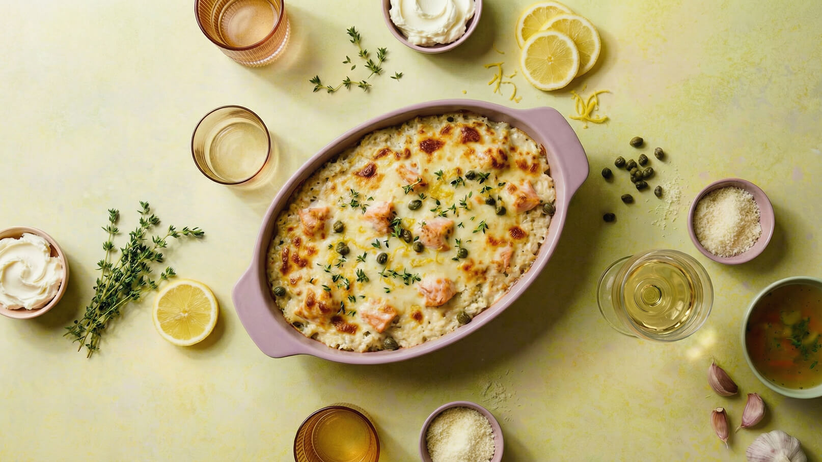 Ein Auflauf in einer lila Schüssel, bedeckt mit geschmolzenem Käse, Lachs und Kapern, ist im Mittelpunkt. Darum sind frische Kräuter, Zitronenscheiben, und verschiedene Gläser angeordnet. Der Hintergrund ist gelb, was die Farben der Zutaten verstärkt.
