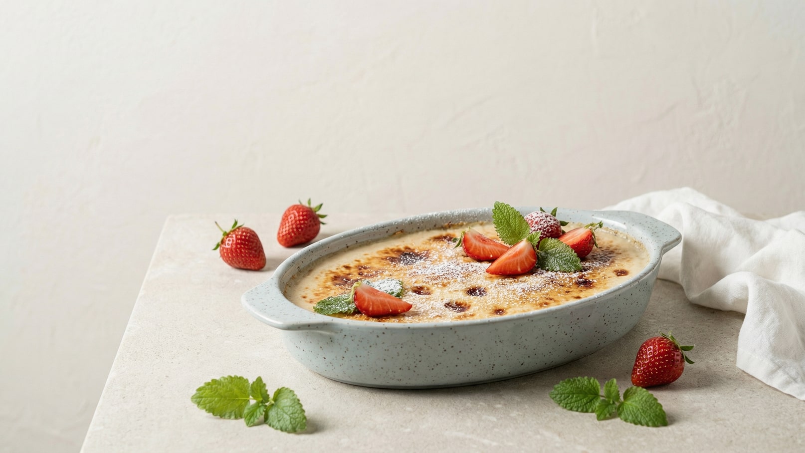 Eine helle, gebräunte Creme in einer ovalen Schale, garniert mit frischen Erdbeeren und Minzblättern. Die Oberfläche ist leicht karamellisiert und daneben liegen einige Erdbeeren sowie Minzblätter auf einem hellen Tisch.