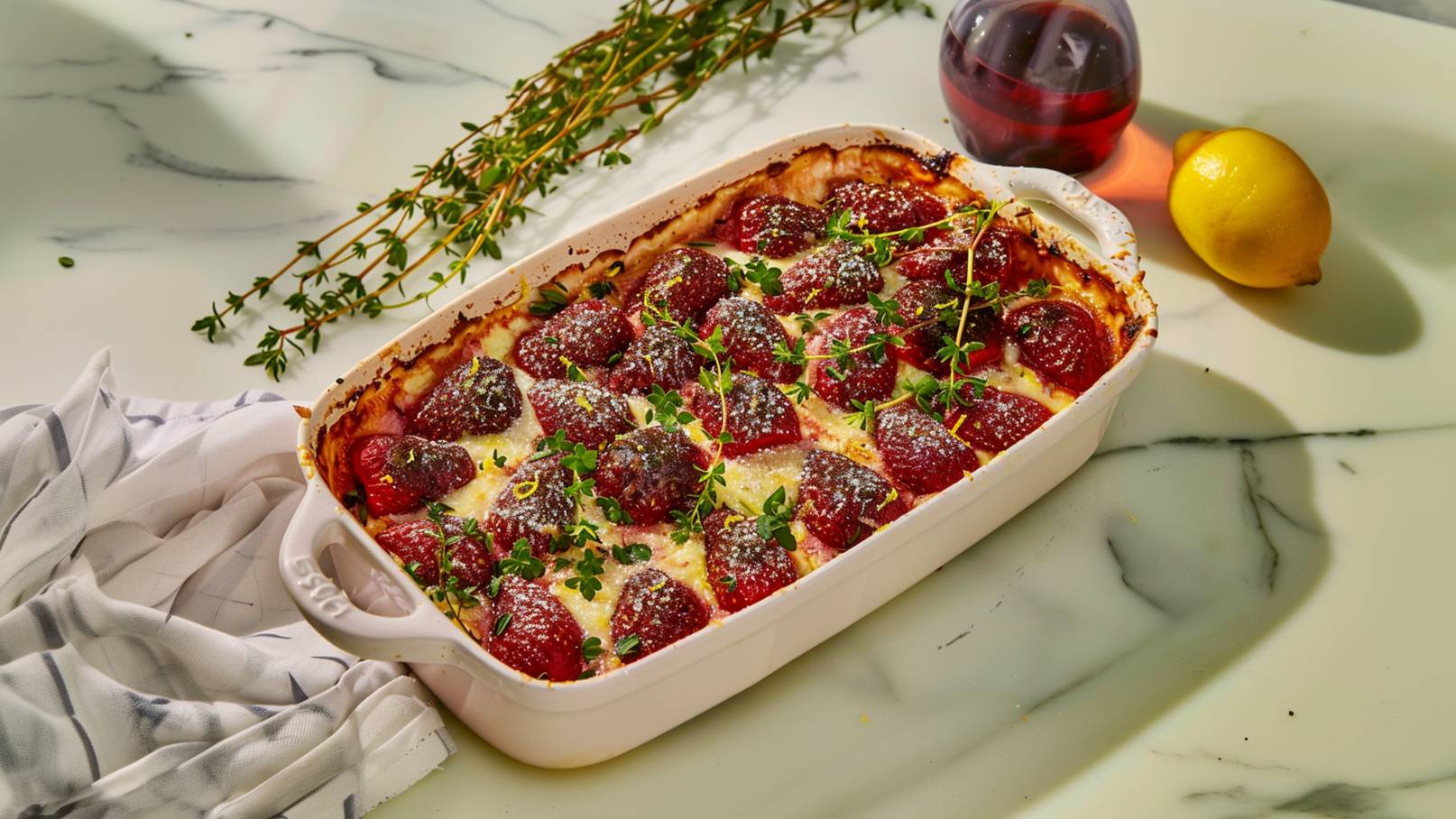 Eine weiße Auflaufform mit gebackenen roten Beeren, die mit frischen Kräutern und Puderzucker garniert sind. Daneben liegt eine gelbe Zitrone und ein Gefäß mit dunklem Getränk. Der Hintergrund zeigt eine helle, marmorierte Oberfläche.