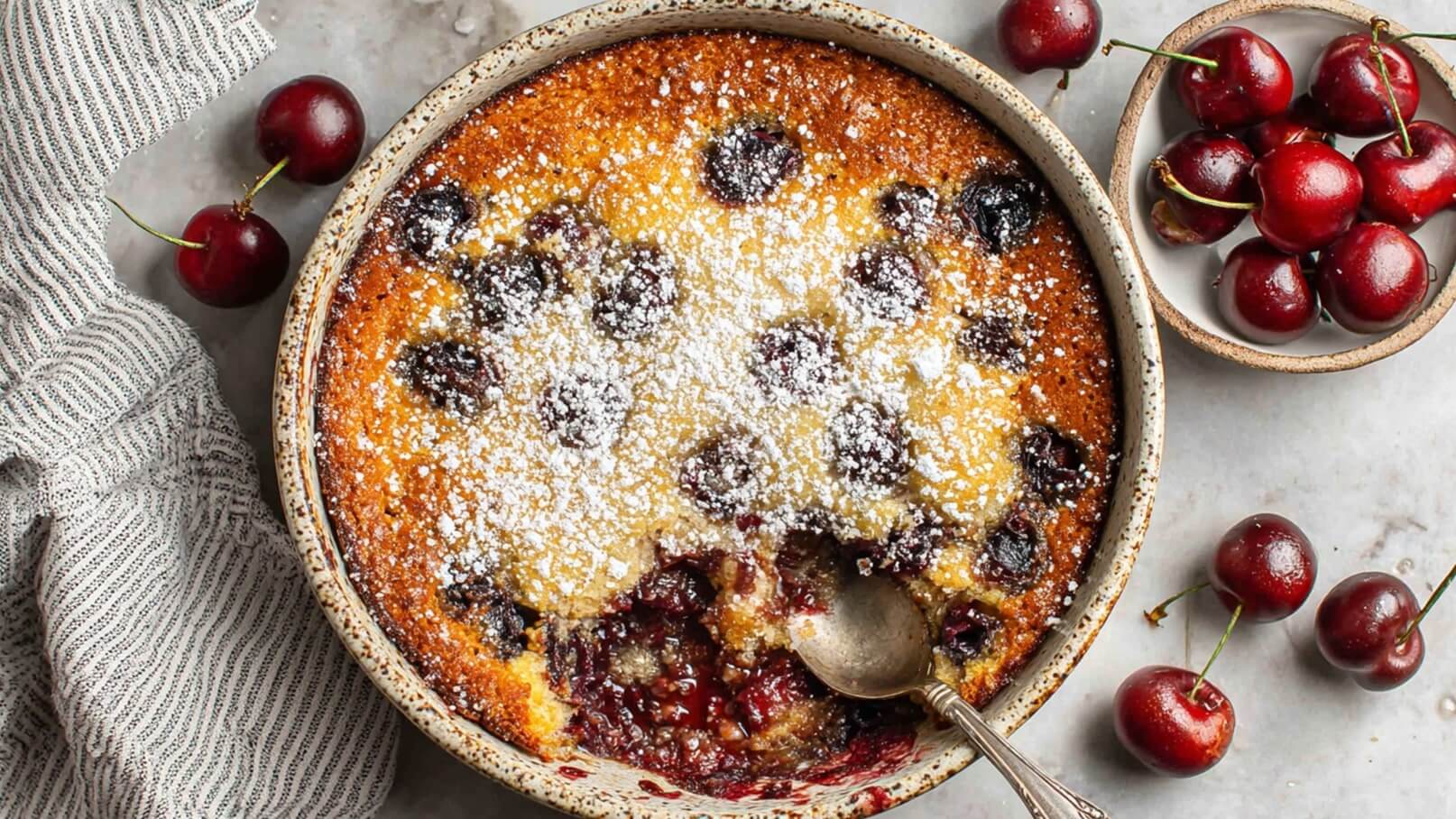 Ein frisch gebackener Kirchenkuchen in einer schlichten Keramikschale. Die Oberfläche ist goldbraun und mit Puderzucker bestreut. Mehrere Kirschen sind in den Teig eingebacken. Daneben liegen einige ganze Kirschen auf einem Tisch, begleitet von einem gestreiften Küchentuch.