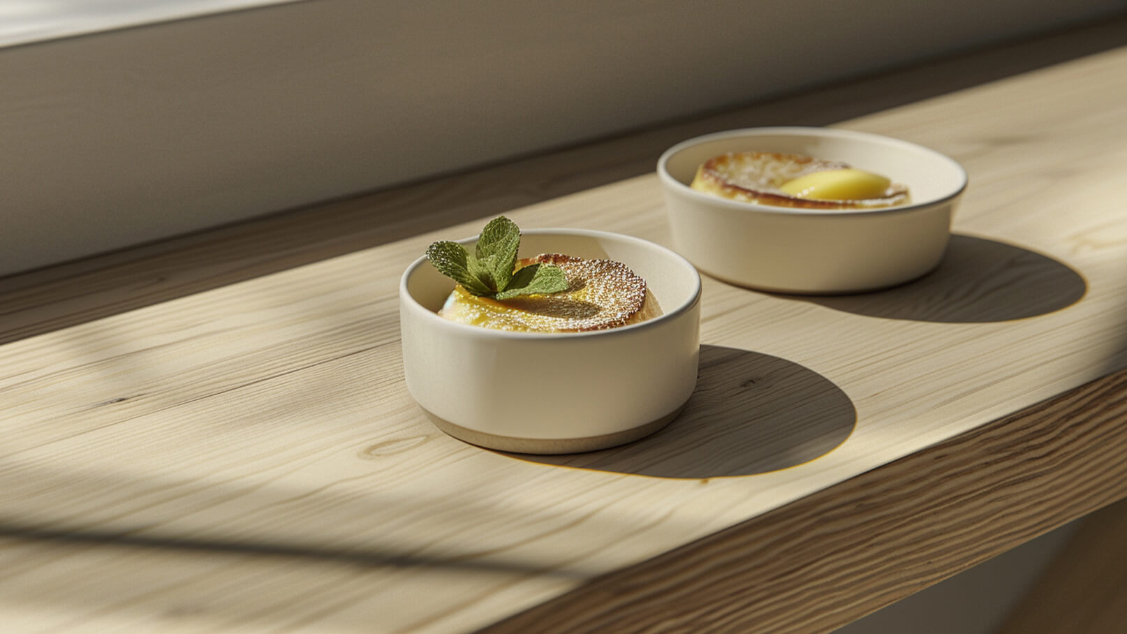 Zwei schlichte, runde Schalen stehen auf einem hölzernen Tisch. In einer Schale befindet sich ein Dessert mit einer goldenen Oberfläche, garniert mit einem frischen Minzblatt. Die andere Schale enthält ein ähnliches Dessert, das leicht sichtbar ist. Sanftes Licht fällt auf die Szene.