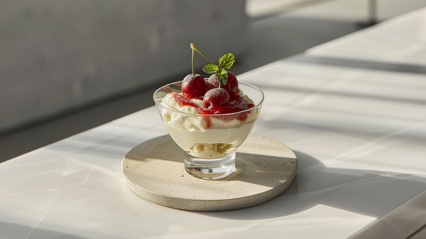 Ein Dessert in einer klaren Glasschale, gefüllt mit Sahne, frischen Kirschen und Erdbeersoße. Oben garnieren zwei Kirschen und ein Minzblatt. Die Schale steht auf einem runden, grauen Untersetzer auf einer hellen Tischoberfläche.