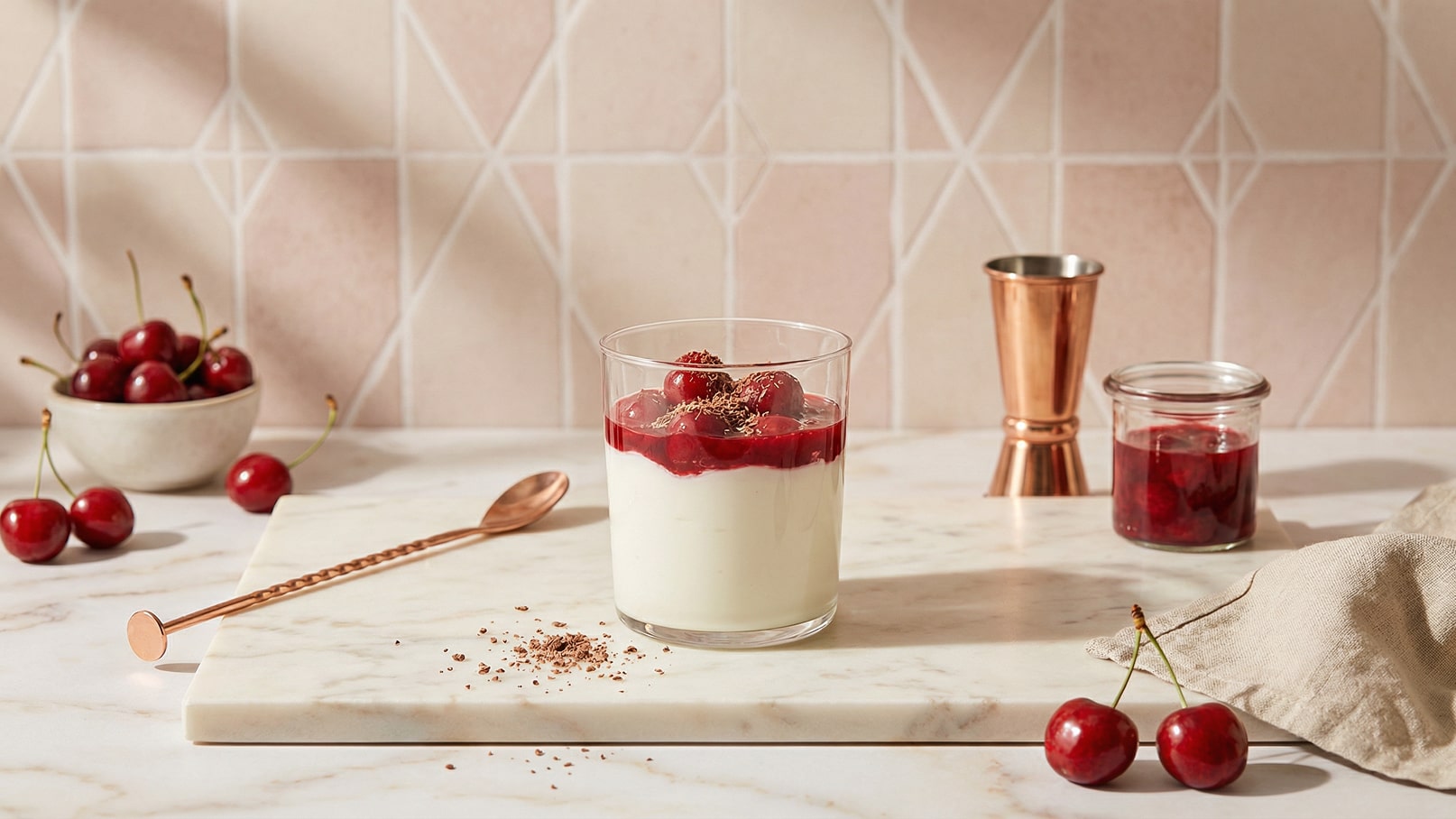 Ein Glas mit einer cremigen Dessertschicht, bedeckt mit Kirschmarmelade und frischen Kirschen, steht auf einer marmorierten Arbeitsfläche. Im Hintergrund liegt eine Edelstahlschale mit weiteren Kirschen und eine kleine Glasdose mit Kirschmarmelade. Ein Löffel liegt neben dem Glas.