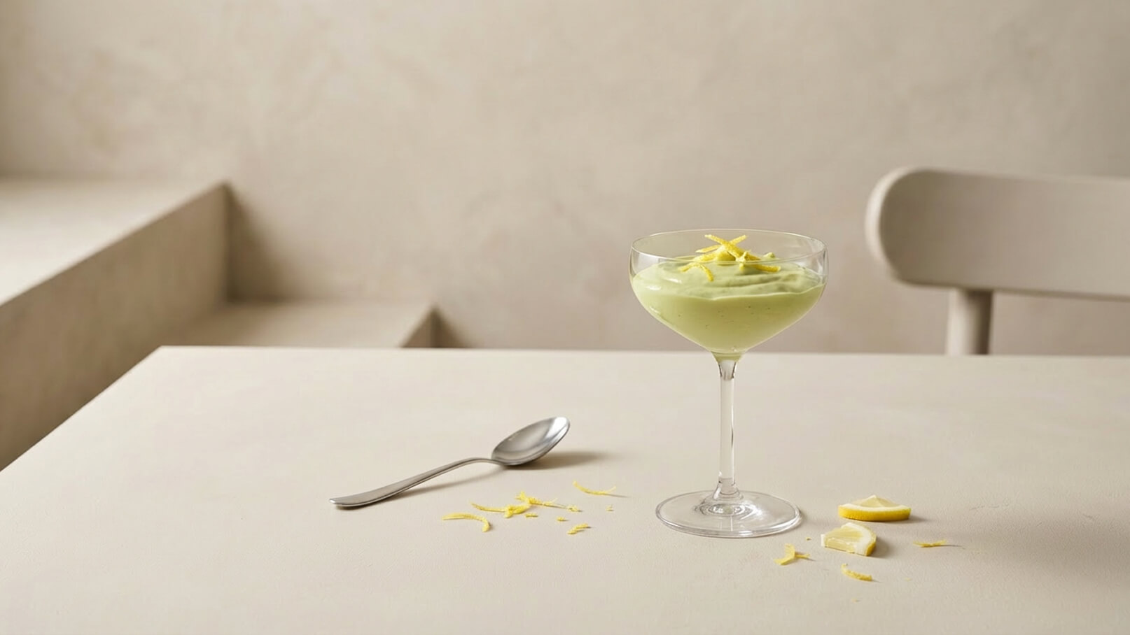 Ein elegantes Glass mit einer cremigen, grünen Nachspeise, garniert mit Zitronenzesten. Neben dem Glass liegt ein silberner Löffel. Auf dem Tisch sind einige Zitronenstücke und Zesten verstreut. Der Hintergrund ist neutral und minimalistisch gestaltet.
