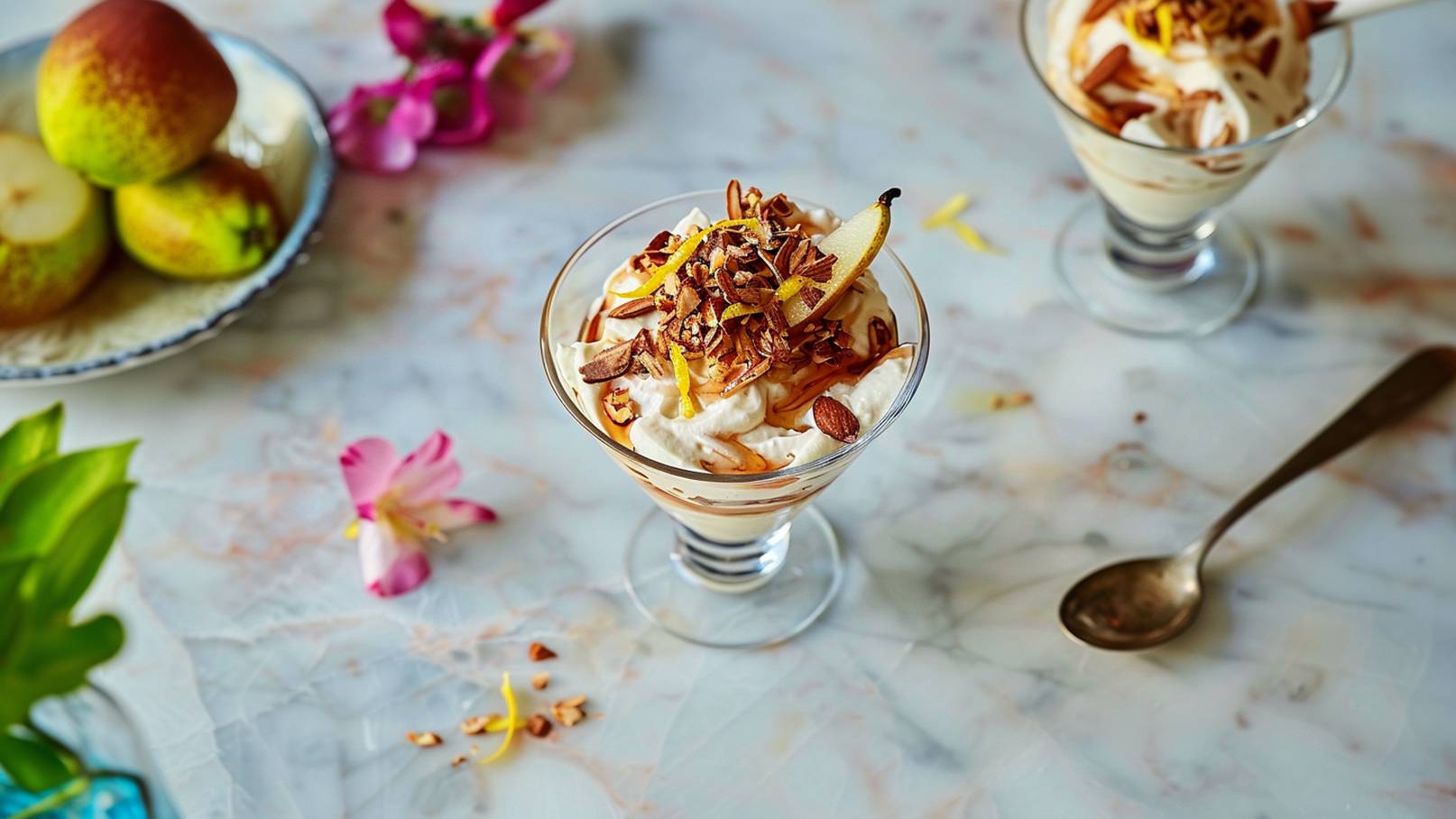 Ein Glas Dessert mit einer Schicht aus Sahne, karamellisierten Nüssen und einer dünnen Scheibe Birne obenauf. Um das Glas verstreut sind kleine Stücke von Nüssen und Zitronenschale sichtbar. Im Hintergrund liegen einige Äpfel auf einem Teller.