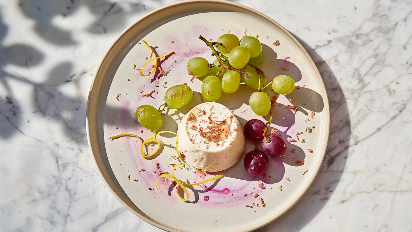 Ein Teller mit cremigem Dessert in der Mitte, umgeben von grünen und roten Trauben. Feine Zitronenschalen und Schokoladenstückchen dekorieren das Dessert und den Teller. Der Hintergrund besteht aus marmoriertem Material, das hell und einladend wirkt.