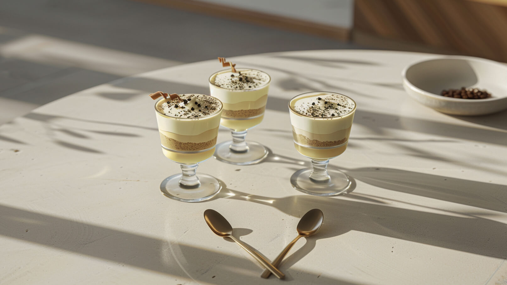 Drei glasierte Dessertschalen stehen auf einem Tisch. Die Schalen enthalten Schichten aus einer hellen Creme und Keksbröseln, garniert mit Kakaopulver. Vor den Schalen liegen zwei goldene Löffel.