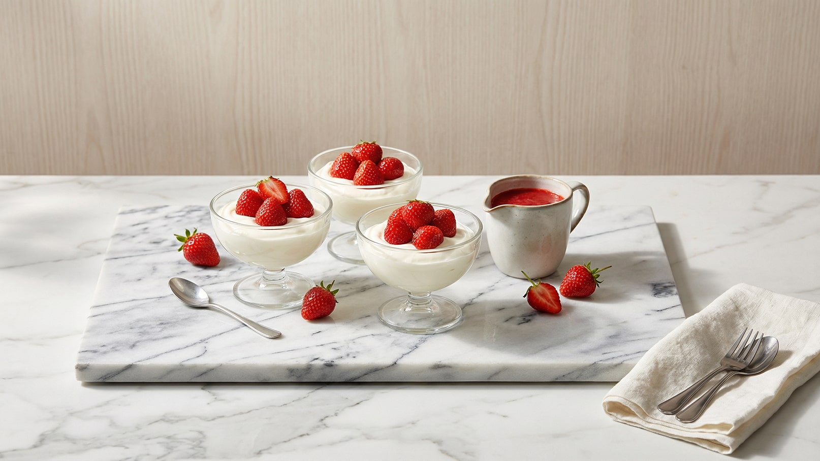 Drei gläserne Schalen mit cremigem Dessert, garniert mit frischen Erdbeeren, stehen auf einem Marmorbrett. Neben den Schalen befindet sich eine kleine Kanne mit Erdbeersauce und einige Erdbeeren sind verstreut. Ein Besteckset liegt bereit.