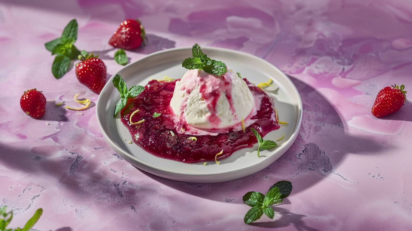 Ein Teller mit einer Portion Vanilleeis, umgeben von roter Erdbeersoße und Zitronenschalen. Frische Erdbeeren und Minzblätter sind dekorativ angeordnet. Der Hintergrund ist in sanften Rosa-Tönen gehalten.