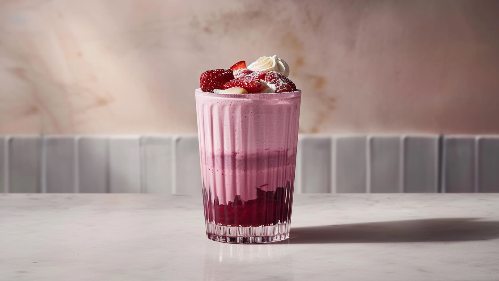 Ein hoher, durchsichtiger Becher enthält eine rosa Schicht aus Milchshake, die mit frischen Erdbeeren, Sahne und Puderzucker garniert ist. Unterhalb der rosa Schicht ist eine dunkle Schicht aus Fruchtsoße sichtbar. Der Becher steht auf einer hellen, marmorierten Oberfläche.