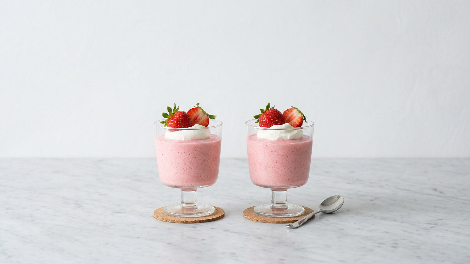 Zwei Gläser mit Erdbeermousse stehen auf einem Tisch. Die Mousse hat eine rosa Farbe und ist mit Sahne und frischen Erdbeeren dekoriert. Ein kleiner Löffel liegt neben einem der Gläser.