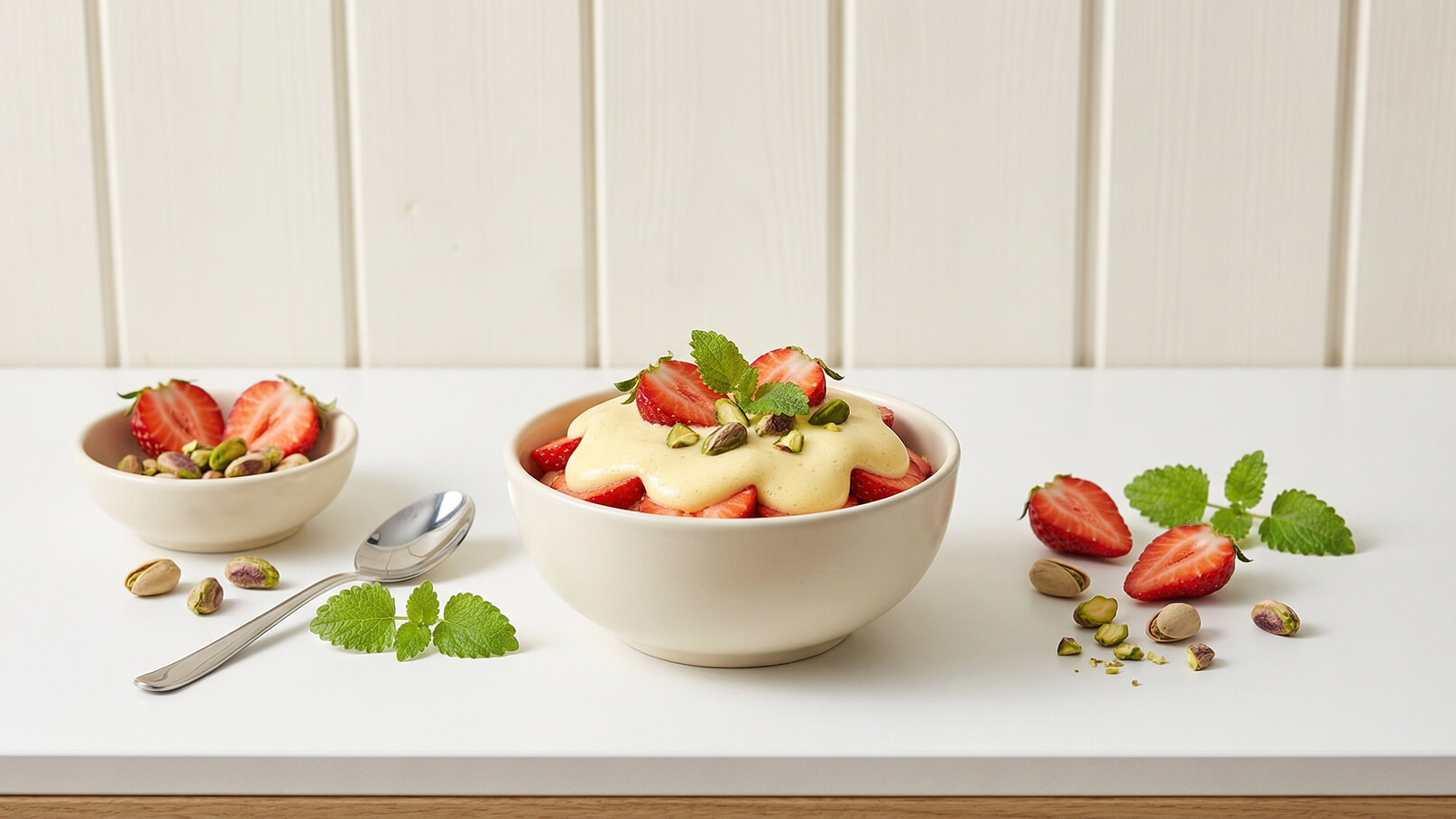 Eine Schale mit frischen Erdbeeren, überzogen mit einer cremigen, hellen Soße, garniert mit Pistazien und frischen Minzblättern. Neben der Schale befindet sich eine kleinere Schale mit weiteren Erdbeeren und Pistazien sowie ein Löffel. Der Hintergrund ist hell und schlicht.