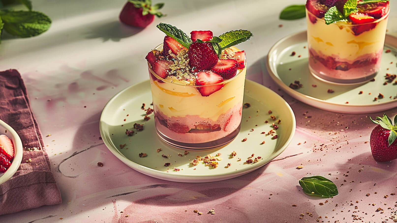 Ein Glas Dessert mit mehreren Schichten, darunter Pudding und Erdbeeren. Die obere Schicht ist mit frischen Erdbeeren und Minzblättern garniert. Das Dessert steht auf einem hellen Teller, umgeben von weiteren Erdbeeren und zerbröselten Zutaten.
