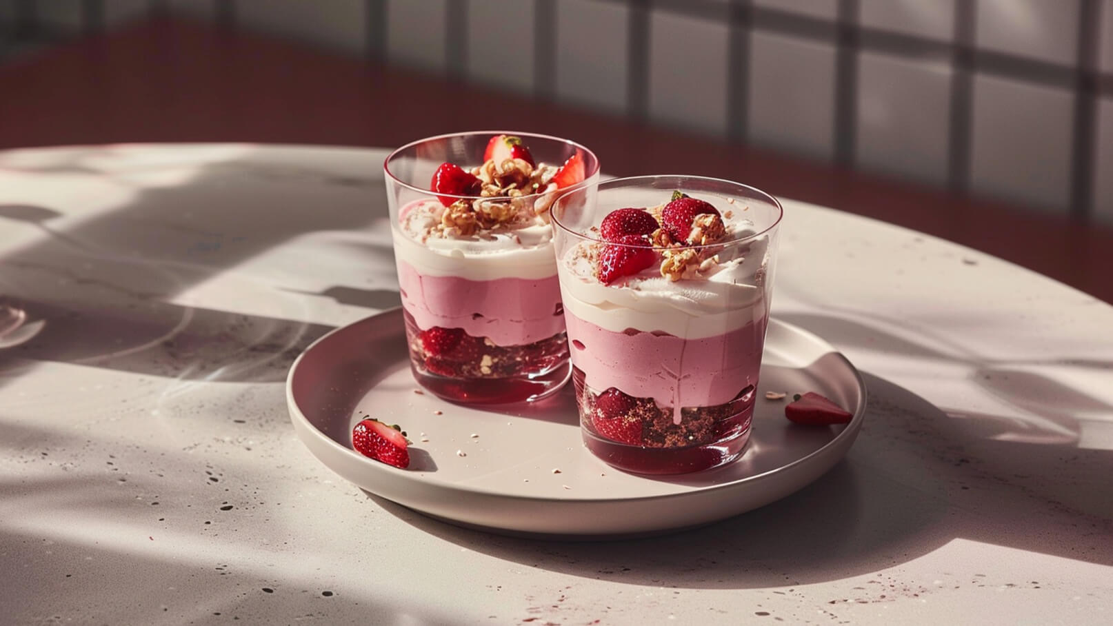Zwei transparente Gläser mit einer Schicht aus Erdbeeren, einer rosafarbenen Creme und Sahne sind auf einem flachen Teller platziert. Die Dessertgläser sind mit ganzen Erdbeeren und knusprigen Stückchen dekoriert. Der Tisch hat eine helle, strukturierte Oberfläche.