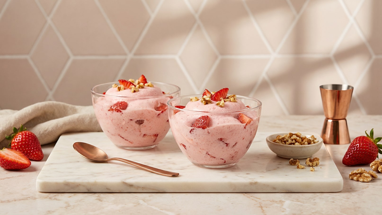 Zwei Schalen mit Erdbeer-Sorbet, garniert mit frischen Erdbeeren und gehackten Nüssen, stehen auf einem Jasminsteinuntergrund. Daneben liegt ein Löffel und ein kleiner Teller mit Walnüssen. Der Hintergrund hat ein geometrisches Muster in sanften Farben.