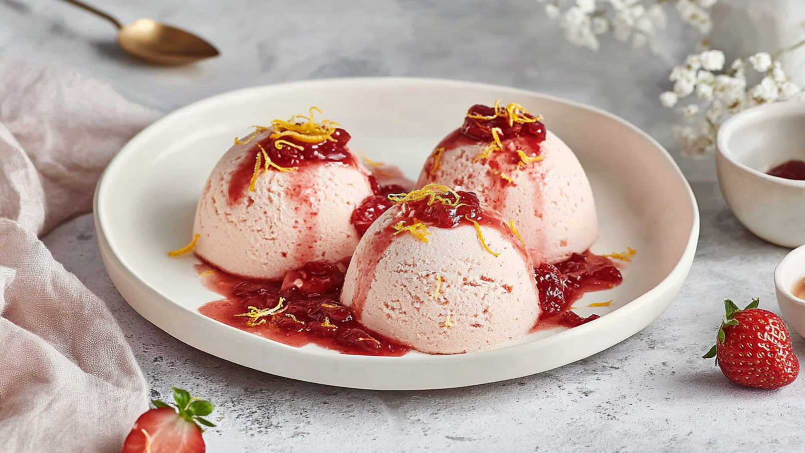 Drei Kugeln Erdbeereis auf einem weißen Teller, überzogen mit roter Fruchtsauce und garniert mit Zitronenschalen. Daneben liegt eine frische Erdbeere. Der Hintergrund ist unauffällig und hell gehalten.