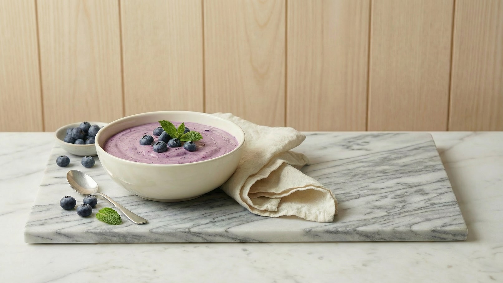 Eine Schüssel mit lila Joghurt, garniert mit frischen Heidelbeeren und einem Minzblatt, steht auf einer marmorierten Unterlage. Neben der Schüssel befindet sich eine kleine Schale mit weiteren Heidelbeeren und ein Löffel. Der Hintergrund besteht aus Holzpanelen.